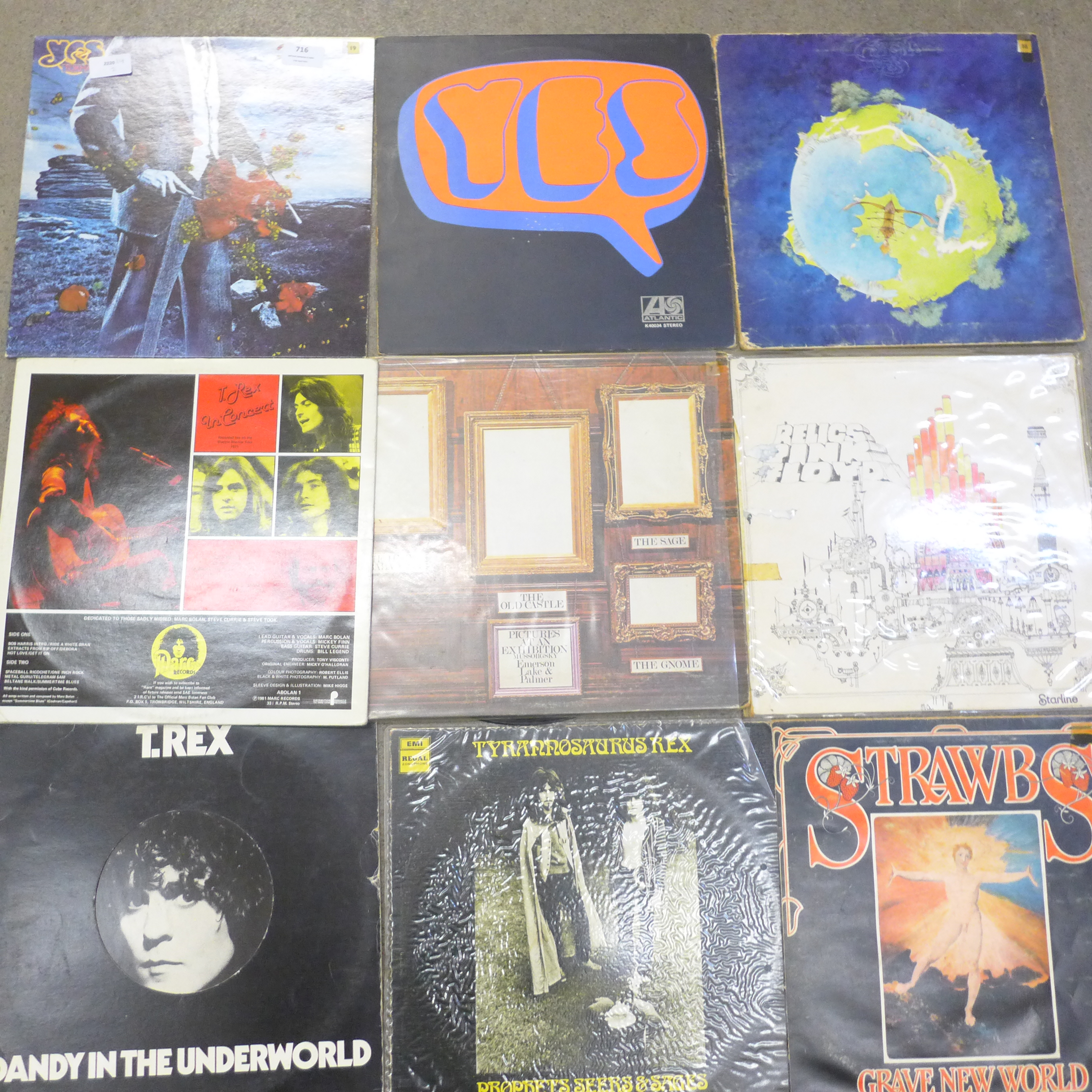 Rock LP records including Yes, Pink Floyd, T-Rex, Ramones and Lou Reed