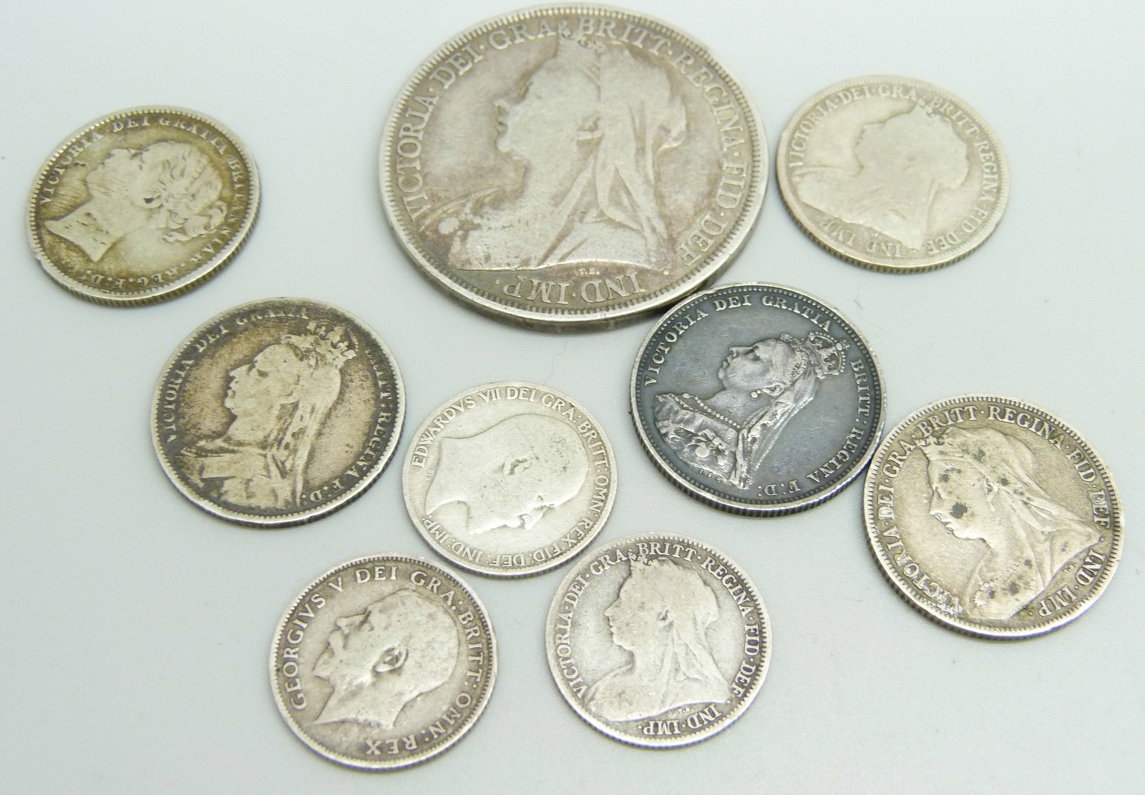 A Victorian 1897 crown, five Victorian one shilling coins and three sixpences, 63.1g - Image 2 of 2