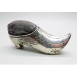 A novelty silver pin cushion in the form of a clog, Birmingham 1911