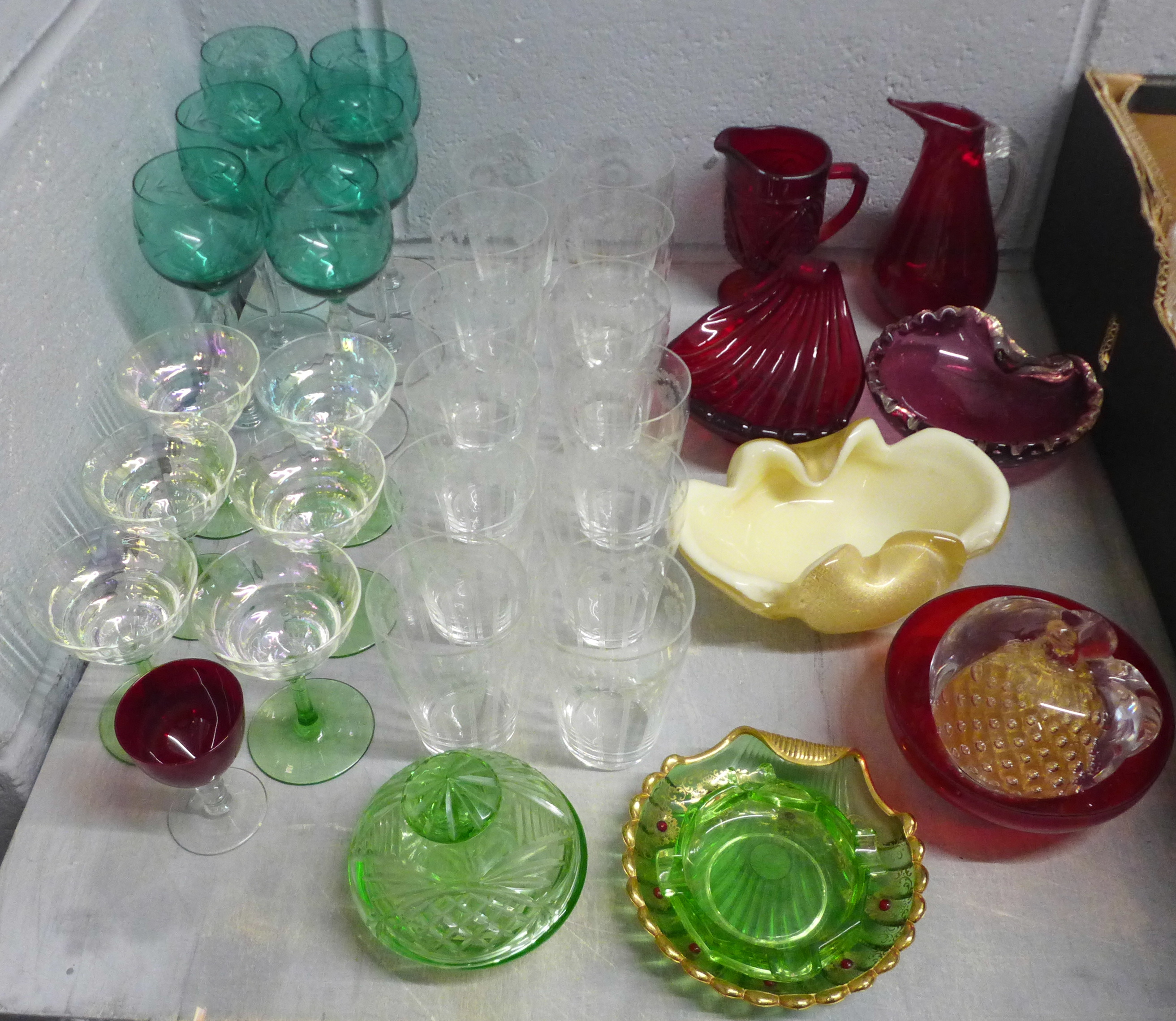 Eleven items of coloured glass, ruby glass, green glass, paperweight, etc., and a collection of