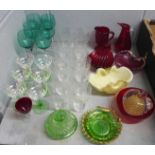 Eleven items of coloured glass, ruby glass, green glass, paperweight, etc., and a collection of