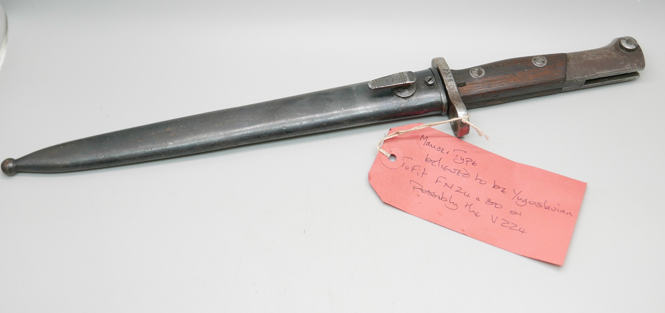 A Mauser type bayonet (believed to be Yugoslavian), to fit FN24 or 30, possibly the V224