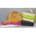 Three leather Radley handbags, two with dust covers, a lady's beaded decorative clutch bag and a