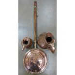 A copper flagon, Imperial 1 gallon and a smaller copper flagon and a copper warming pan