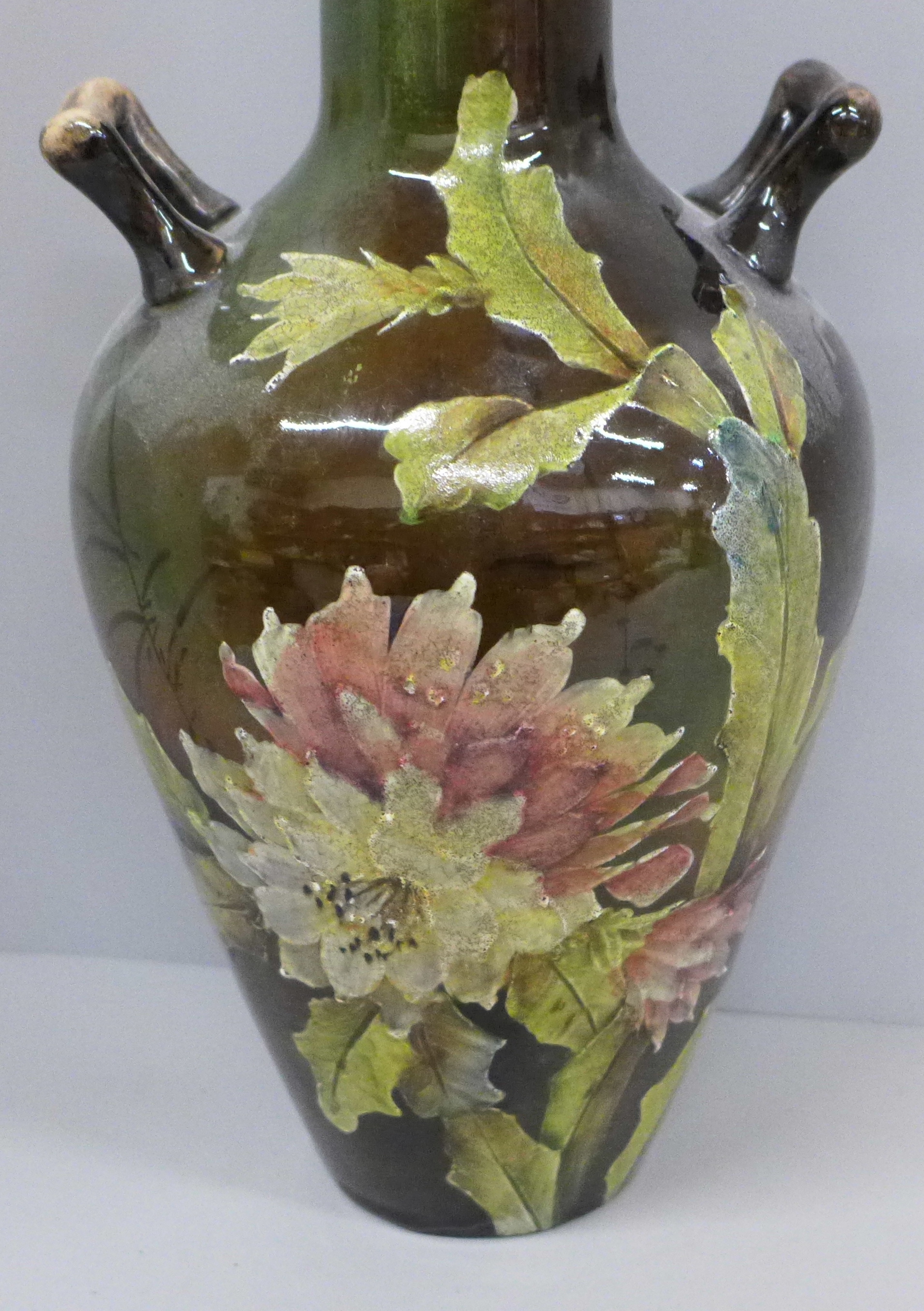 A 19th Century Impasto style two handled vase, 33cm, small hairline cracks to the rim - Image 2 of 5