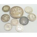 A Victorian 1897 crown, five Victorian one shilling coins and three sixpences, 63.1g