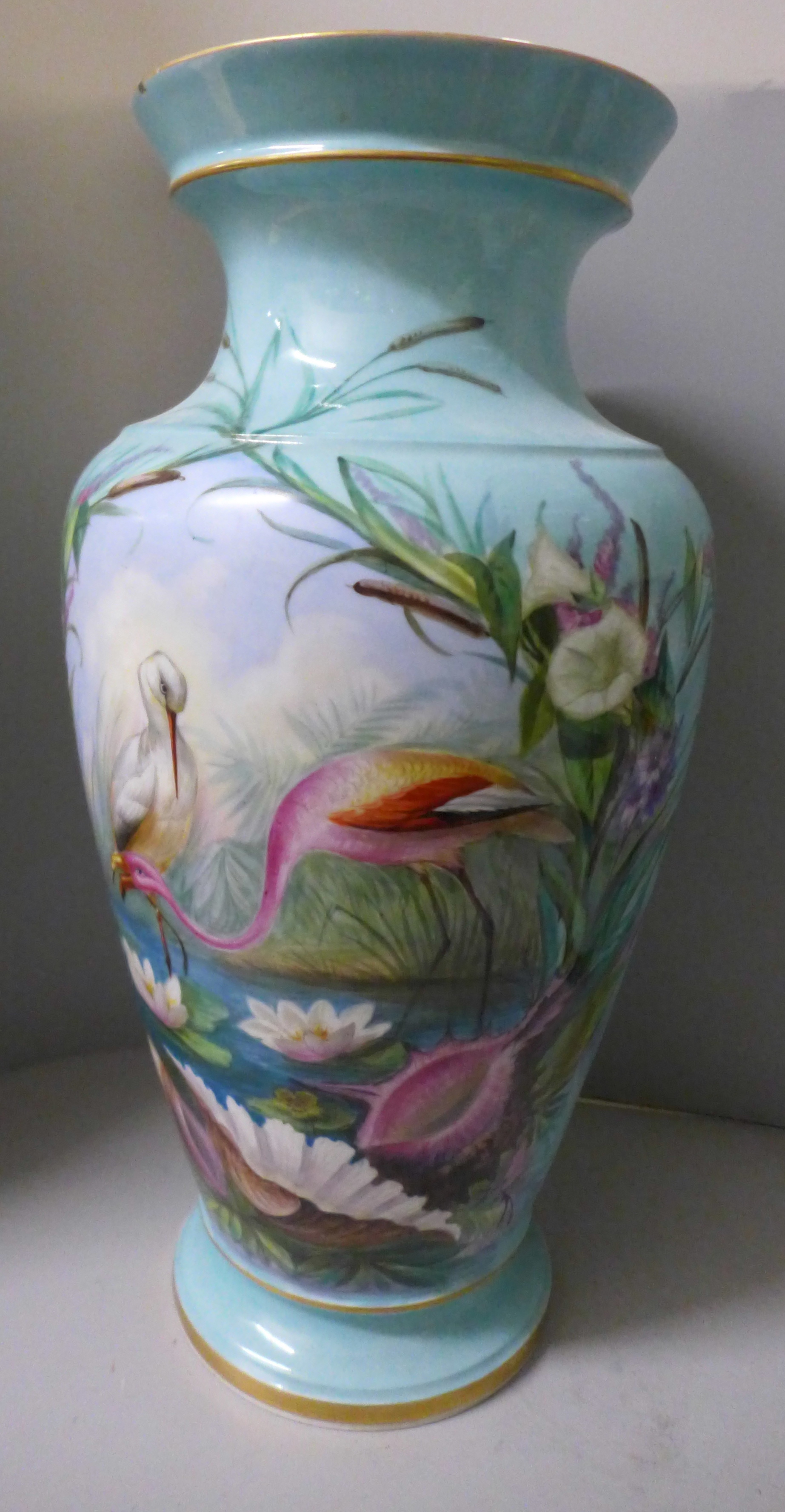 Three hand painted opaline glass vases and one large 19th Century blue glass vase decorated with - Image 5 of 5