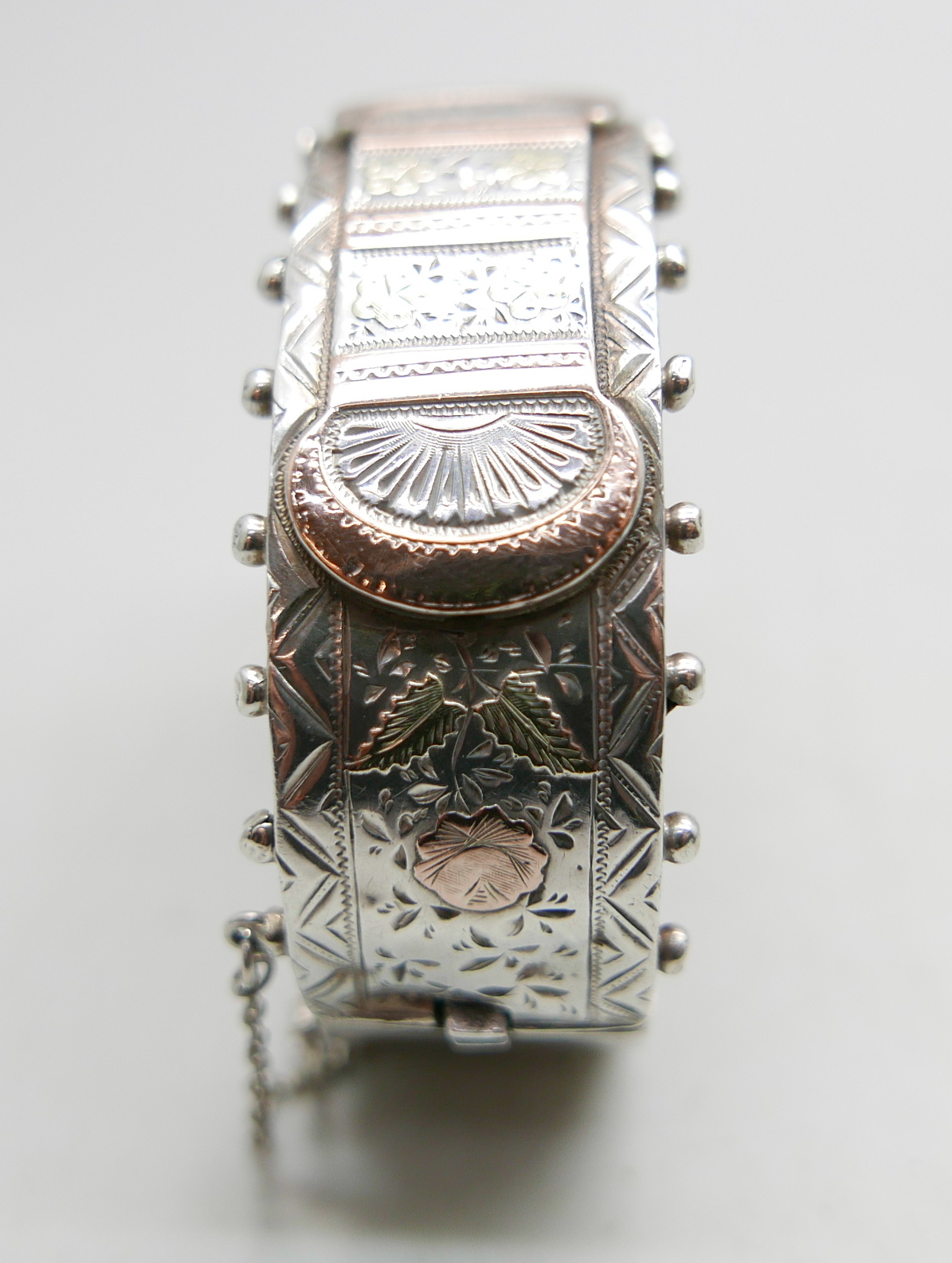 A Victorian silver bangle with applied gold decoration, Birmingham 1884 - Image 6 of 6