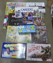 A collection of board games including Game of Thrones, Simpsons Monopoly, Risk, Viz Game, Countdown,