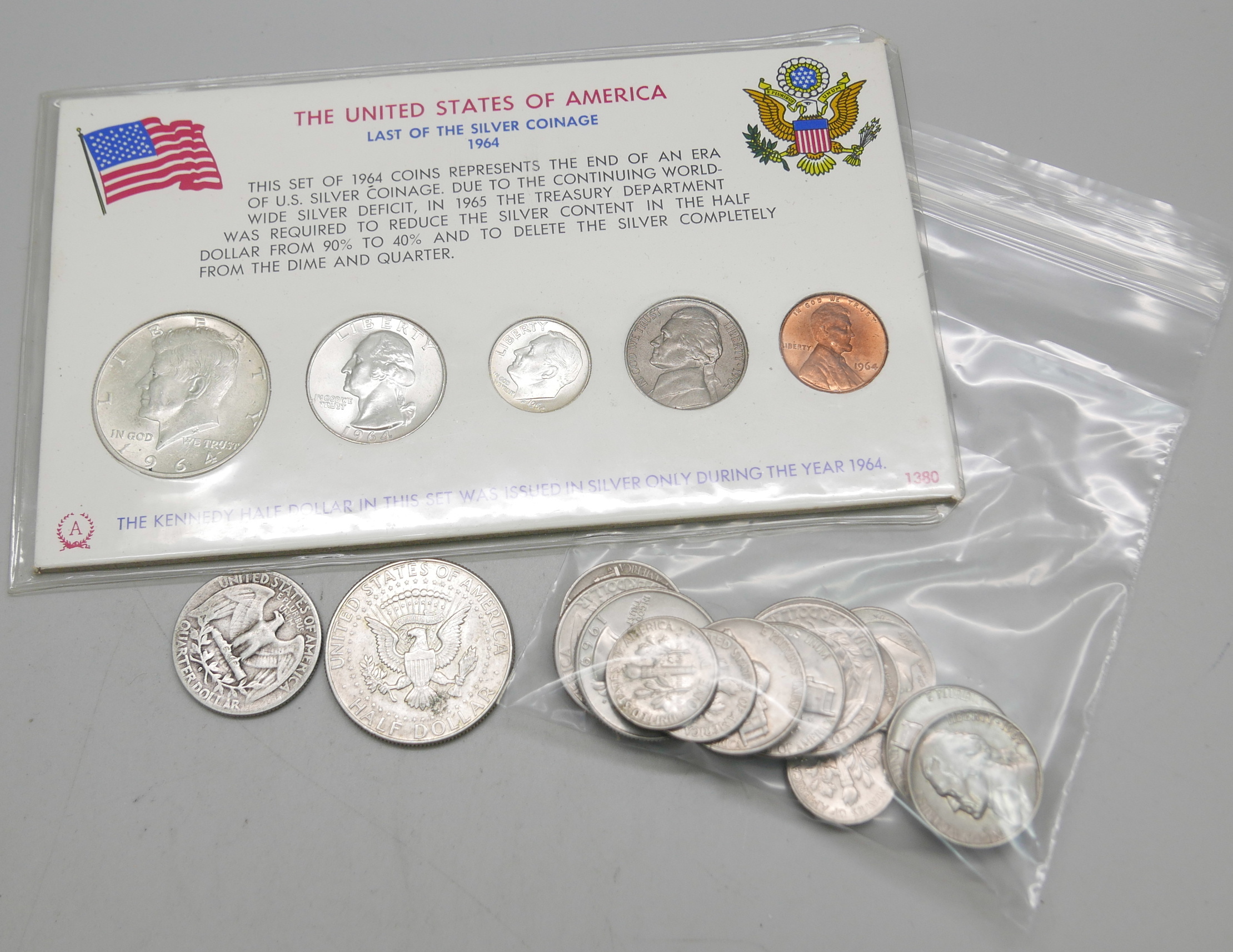 A USA last of the silver coinage set 1964, a 1964 silver half dollar, a silver 1951 quarter dollar ,