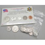 A USA last of the silver coinage set 1964, a 1964 silver half dollar, a silver 1951 quarter dollar ,