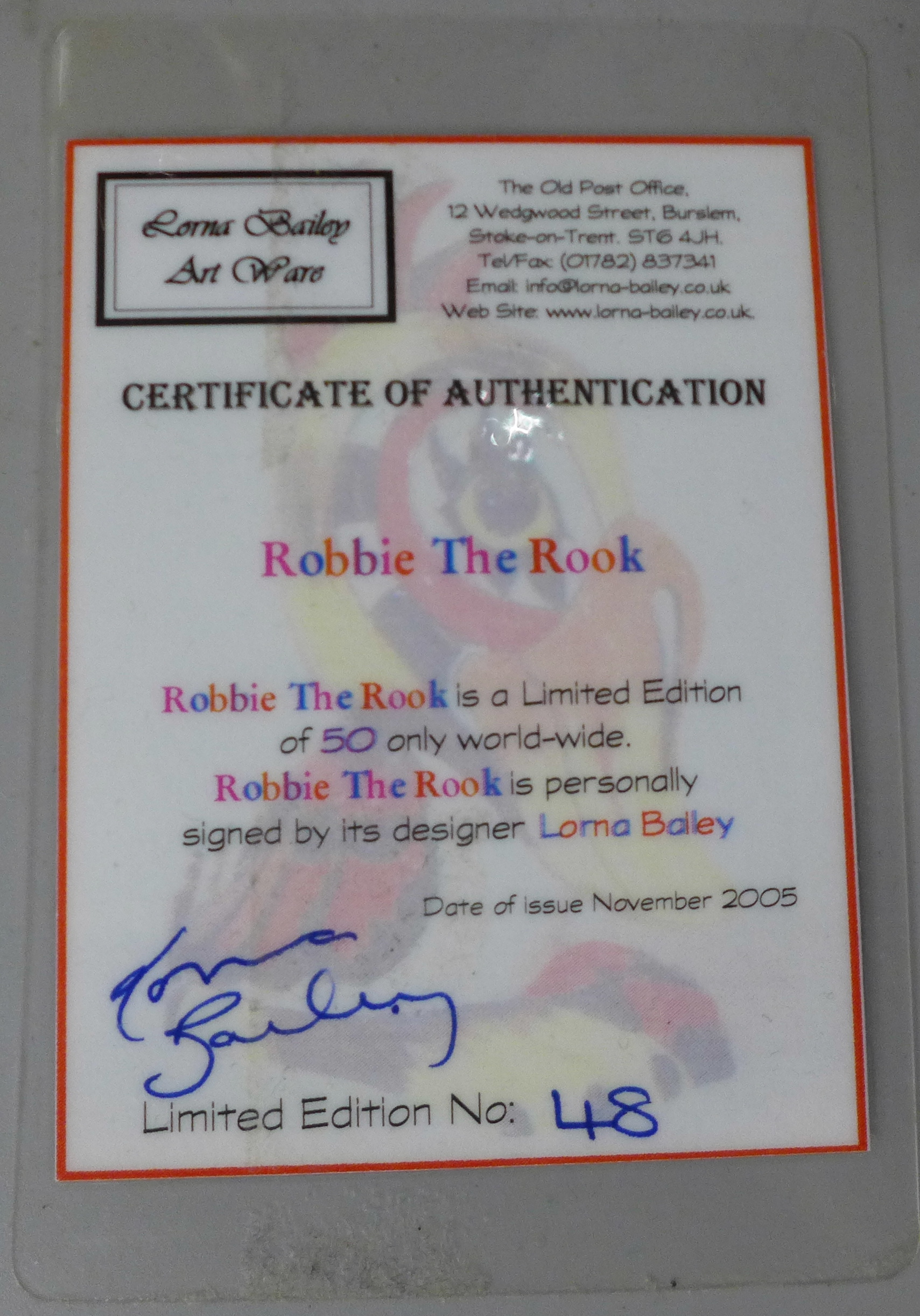 A Lorna Bailey Robbie The Rook S150 limited edition no. 48, a/f (crack and chip), with certificate - Image 2 of 6