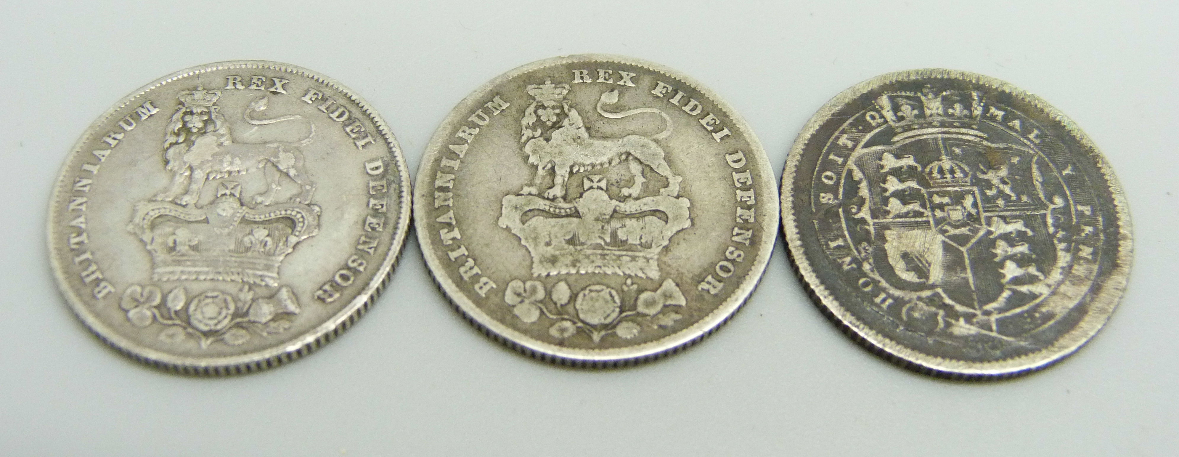 Three one shilling coins, George III 1817 and George IV 1826 and 1829 - Image 2 of 2