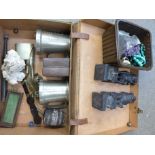 A suitcase of assorted items, travel inkwell, costume jewellery, two Tibetan carvings, stone pot,