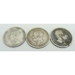 Three one shilling coins, George III 1817 and George IV 1826 and 1829