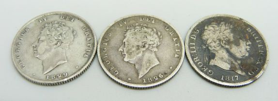 Three one shilling coins, George III 1817 and George IV 1826 and 1829