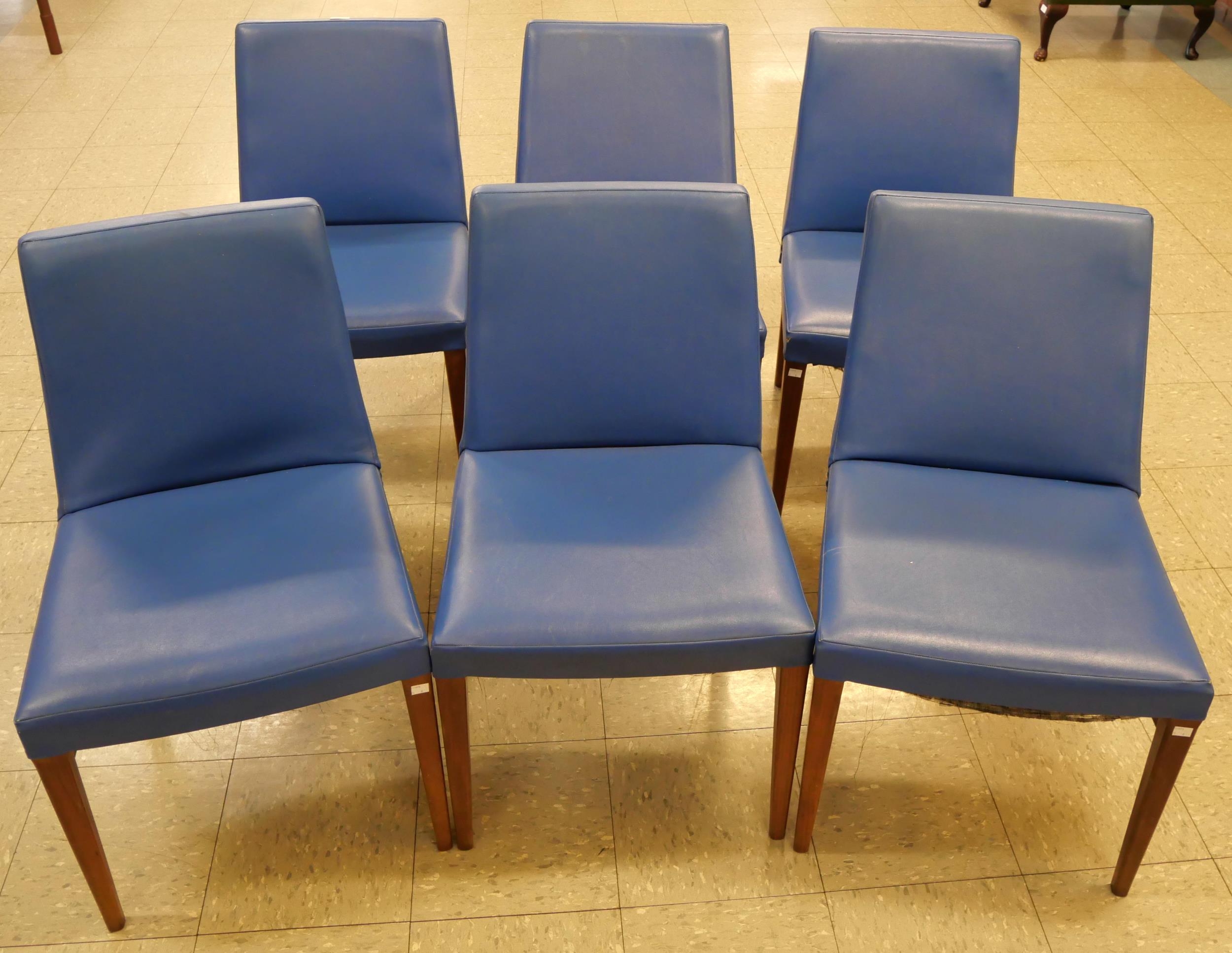 A rare set of six G-Plan Danish Design teak and blue vinyl dining chairs, designed by Ib Kofod