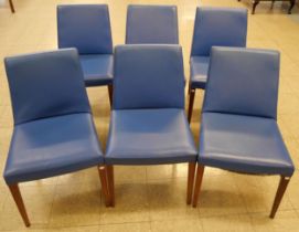 A rare set of six G-Plan Danish Design teak and blue vinyl dining chairs, designed by Ib Kofod