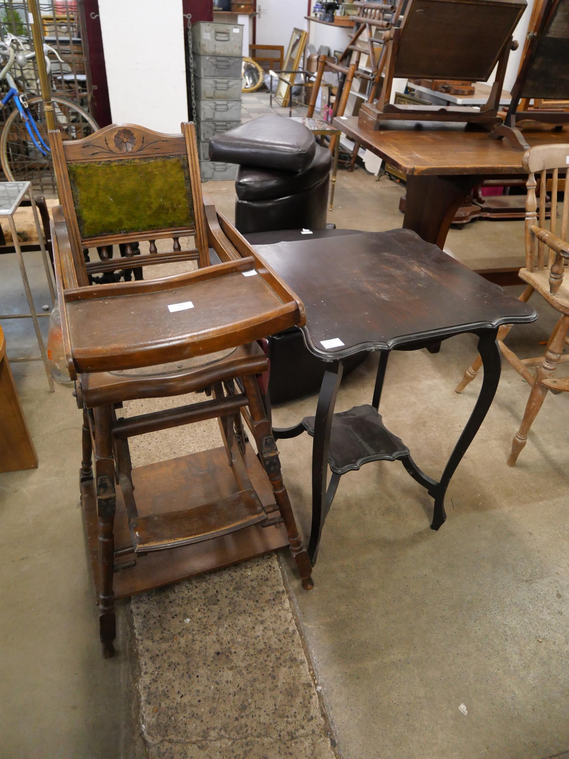 A Victorian beech metamorphic child's high chair and an Edward VII occasional table