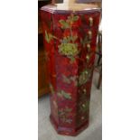 An oriental red lacquered chinoiserie octagonal chest of drawers