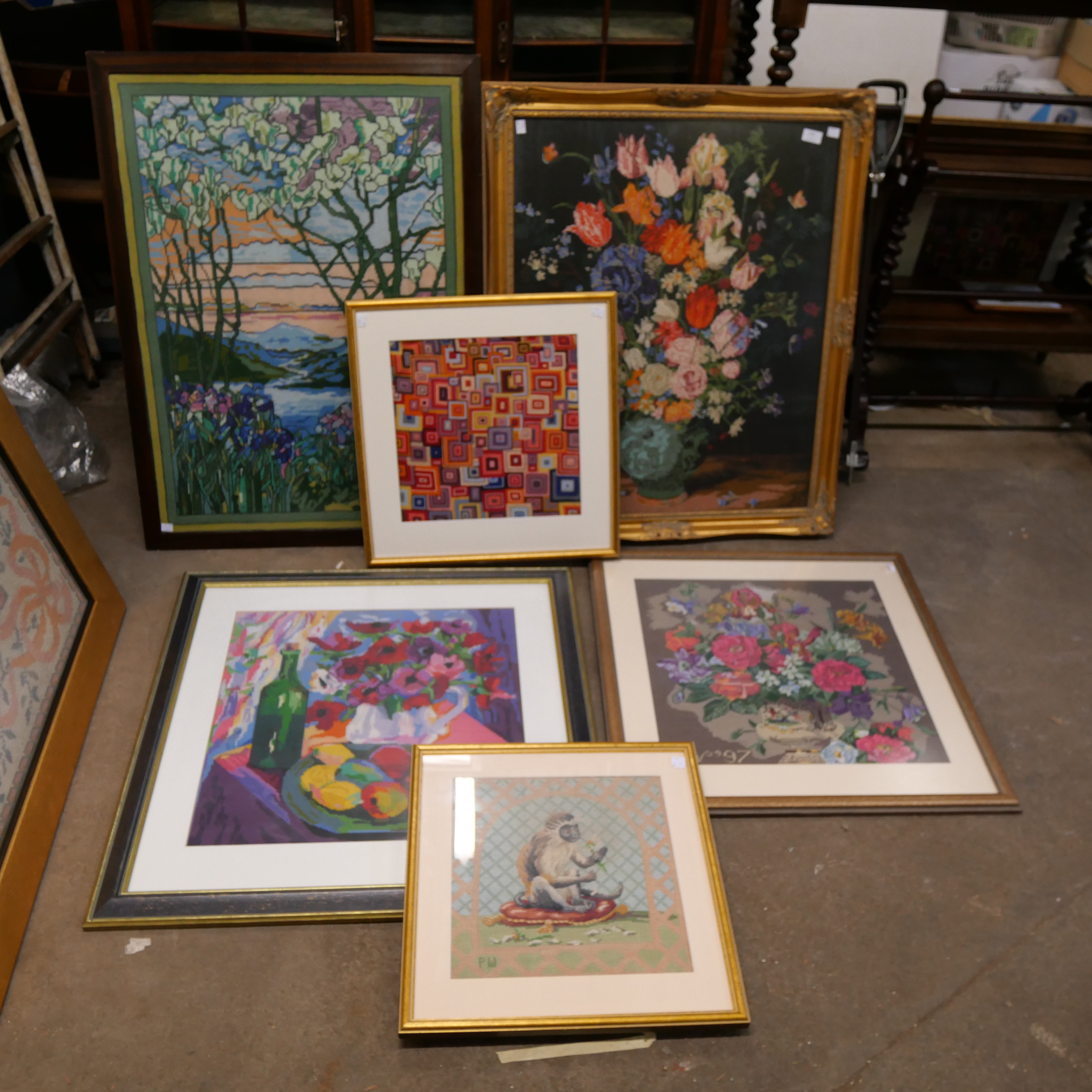 Six framed tapestries