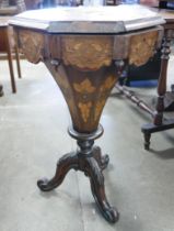 A Victorian marquetry inlaid walnut trumpet shaped lady's sewing table