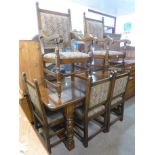 A carved oak dining table and set of six carved oak dining chairs