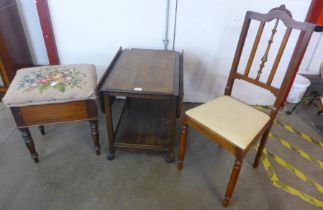 An oak drop-leaf trolley, a piano stool and a hall chair