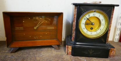 A 19th Century French Belge noir mantel clock and an early 20th Century oak mantel clock
