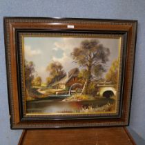 Wernard Kontor, river landscape with a watermill, oil on canvas, framed
