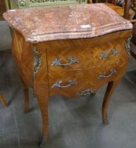 A French Louis XV style simulated marquetry kingwood, gilt metal and marble topped serpentine