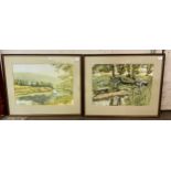 M.E. Oliver, pair of river landscapes, watercolour, framed