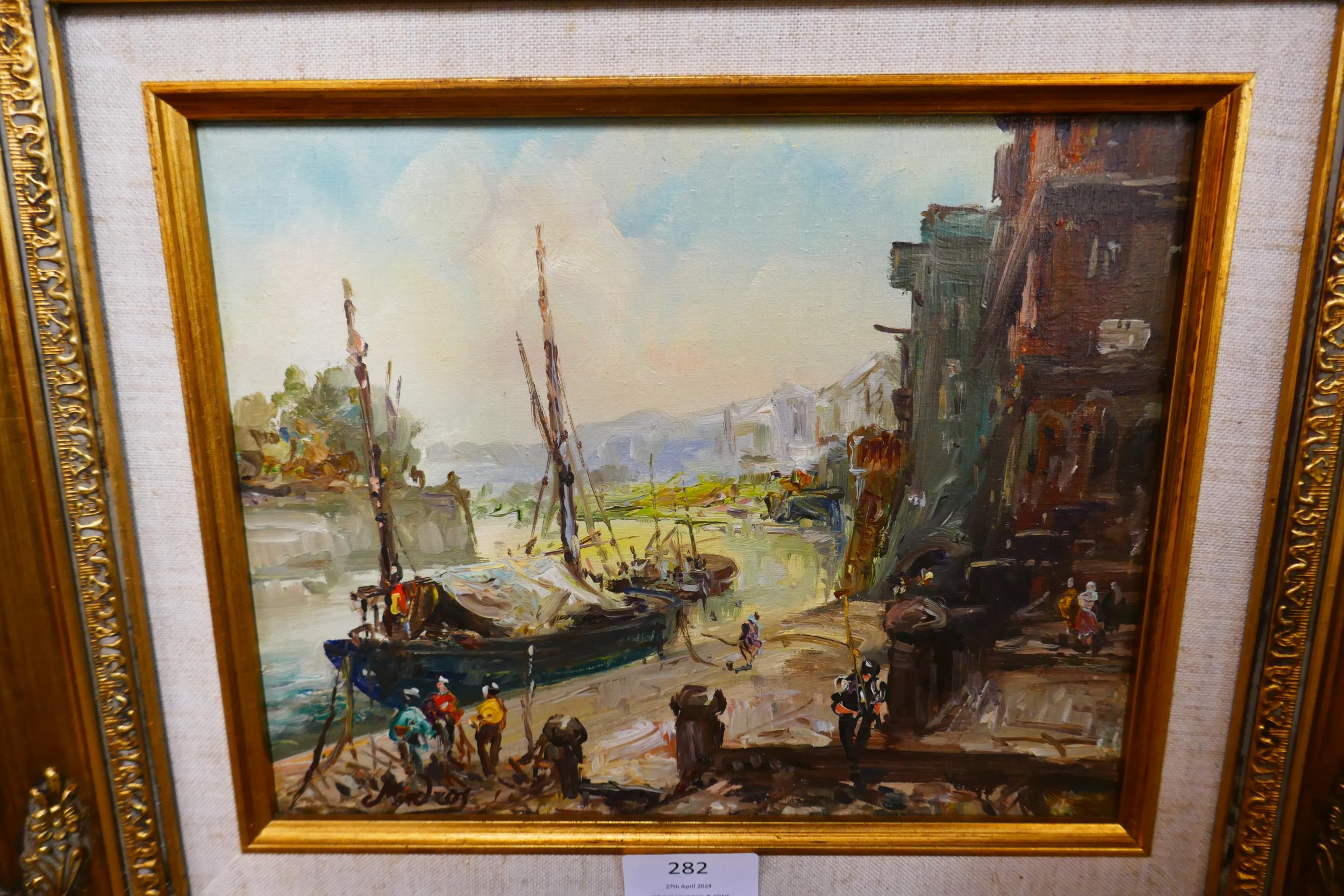 Continental School, pair of harbour landscapes, oil on canvas, indistinctly signed, framed - Image 3 of 3
