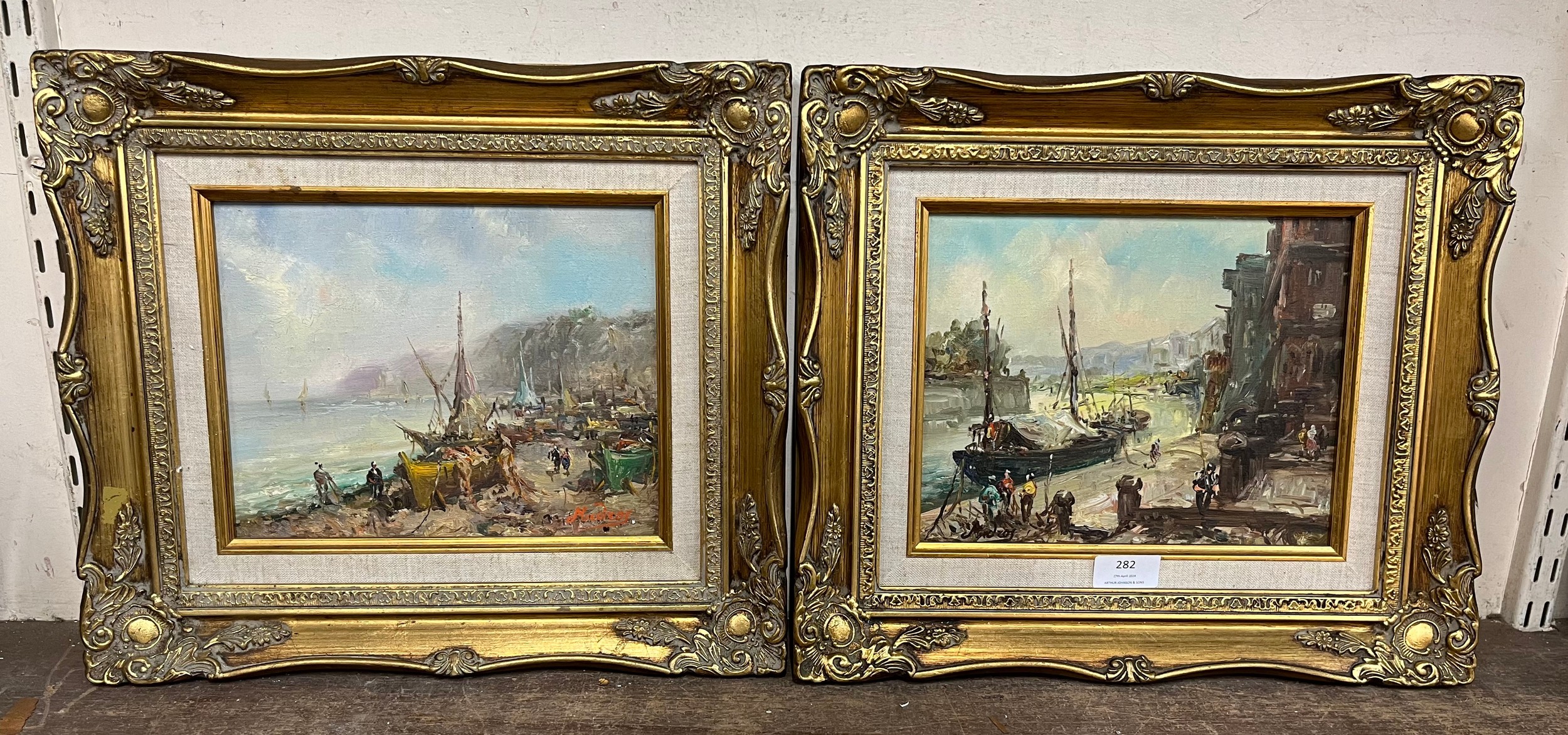 Continental School, pair of harbour landscapes, oil on canvas, indistinctly signed, framed