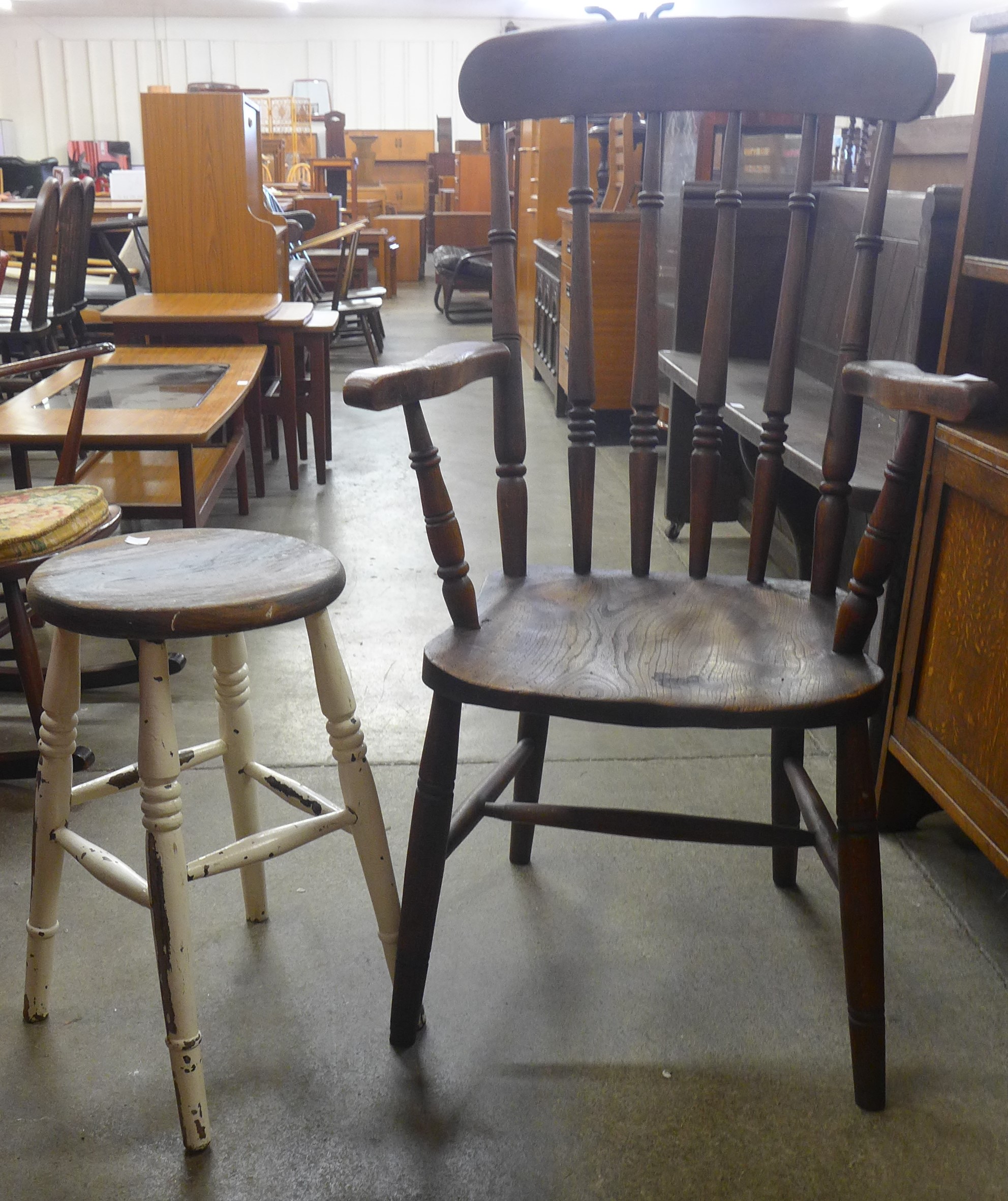 A Victorian elm and beech farmhouse chair and a stool