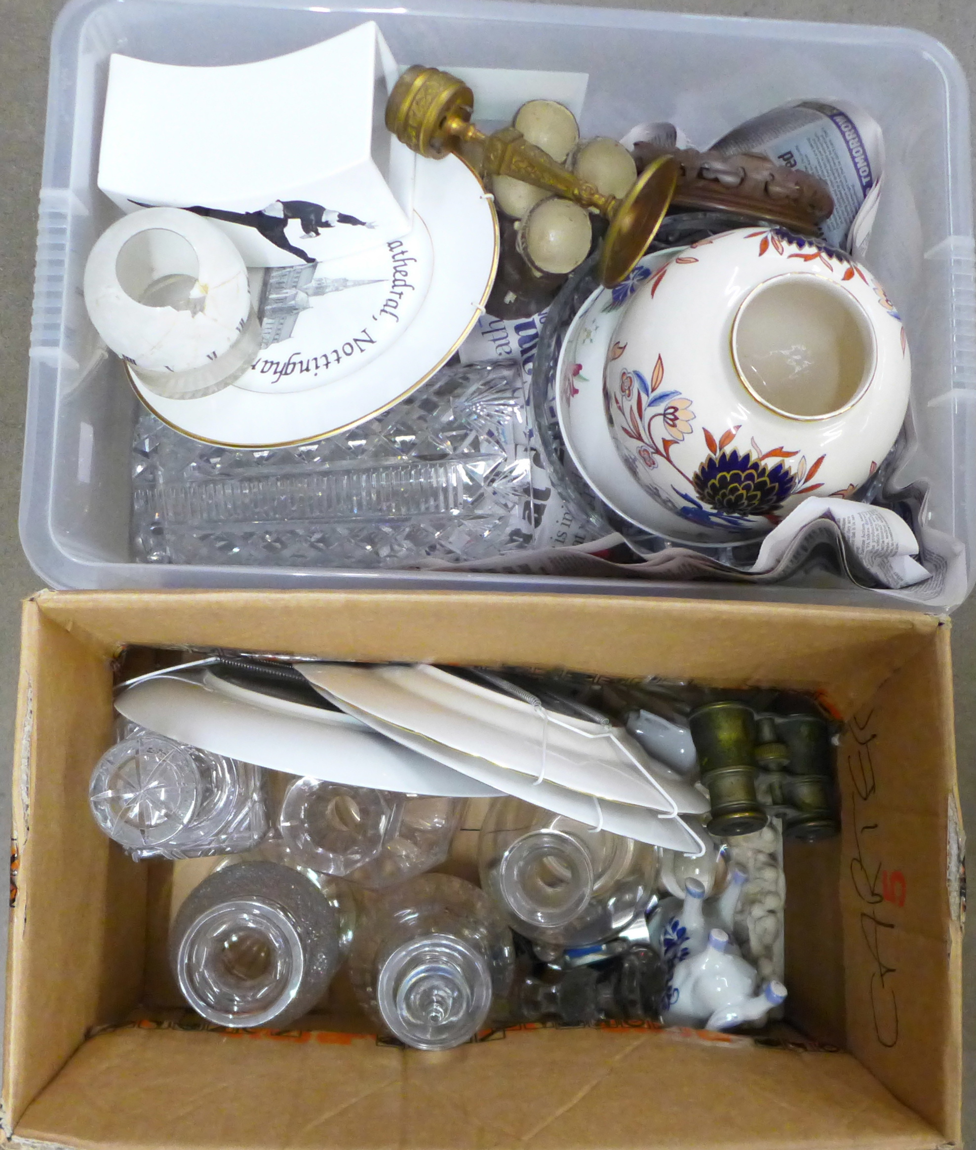 Two boxes of mixed china and glassware including decanters and a vase, novelty glass top and gilt