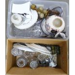 Two boxes of mixed china and glassware including decanters and a vase, novelty glass top and gilt