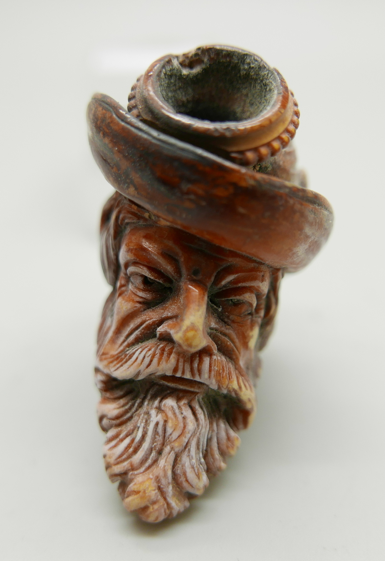 A 19th Century Meerschaum pipe with amber stem, Bavarian man with beard and hat with feather - Image 2 of 5
