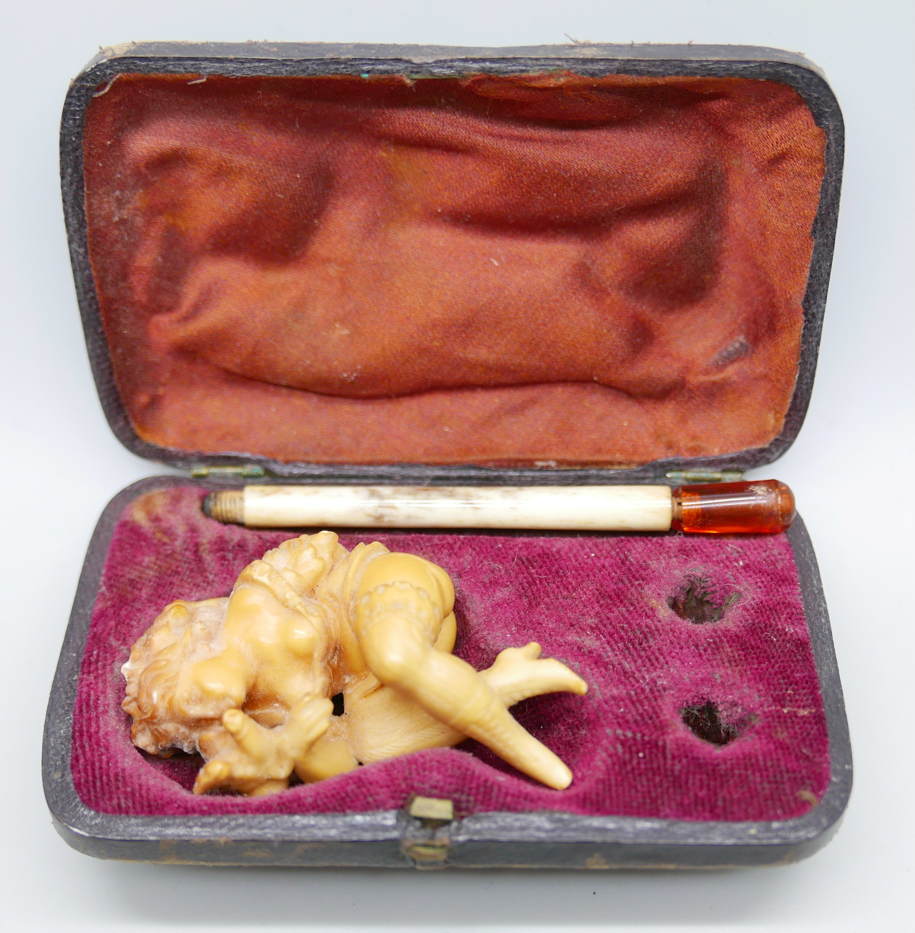 A carved Meerschaum pipe of a scantily clad young lady, with bone stem separate, cased - Image 6 of 7