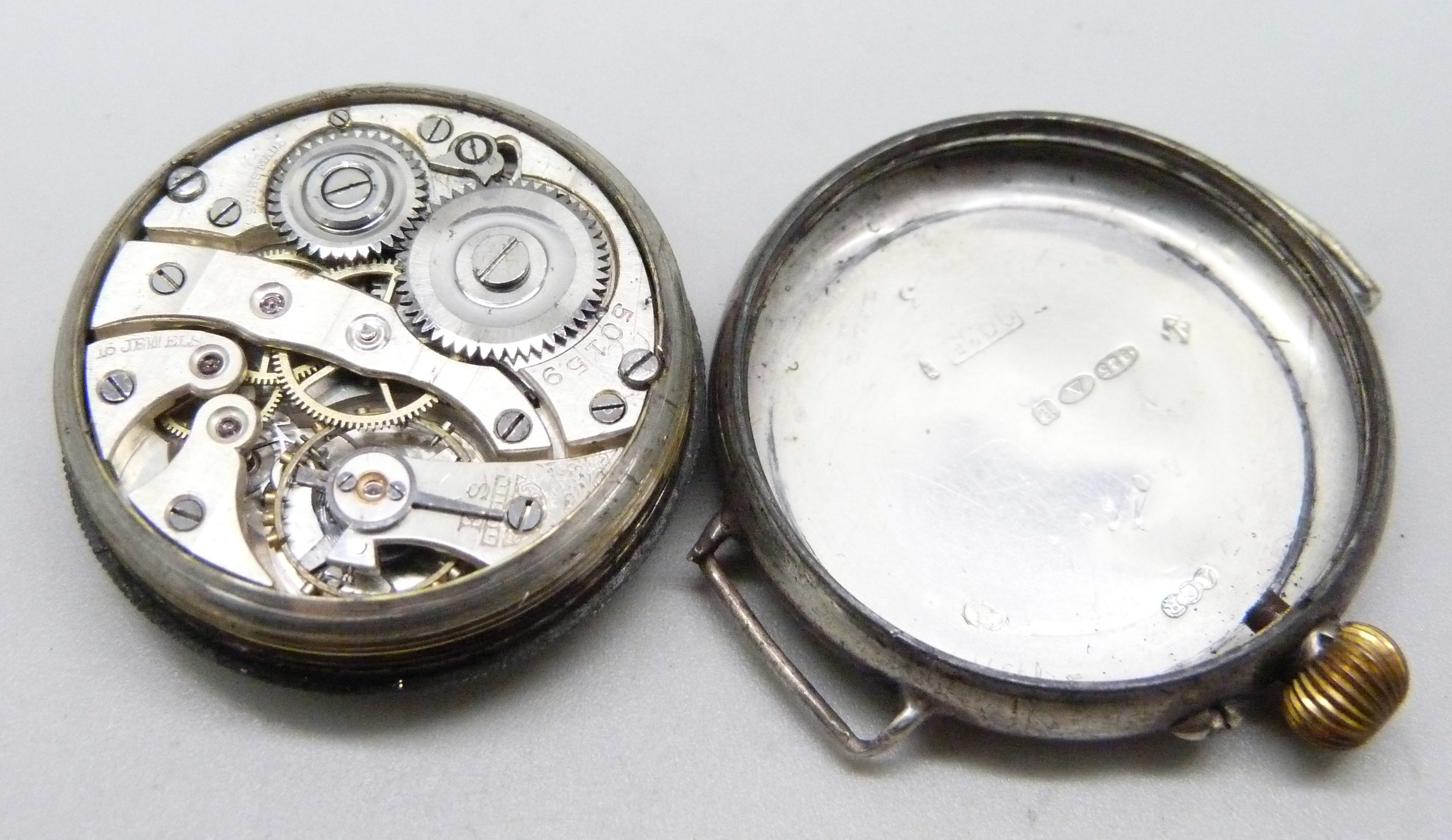A Swiss made silver cased trench wristwatch, Birmingham import mark for 1914, 35mm case - Image 3 of 3