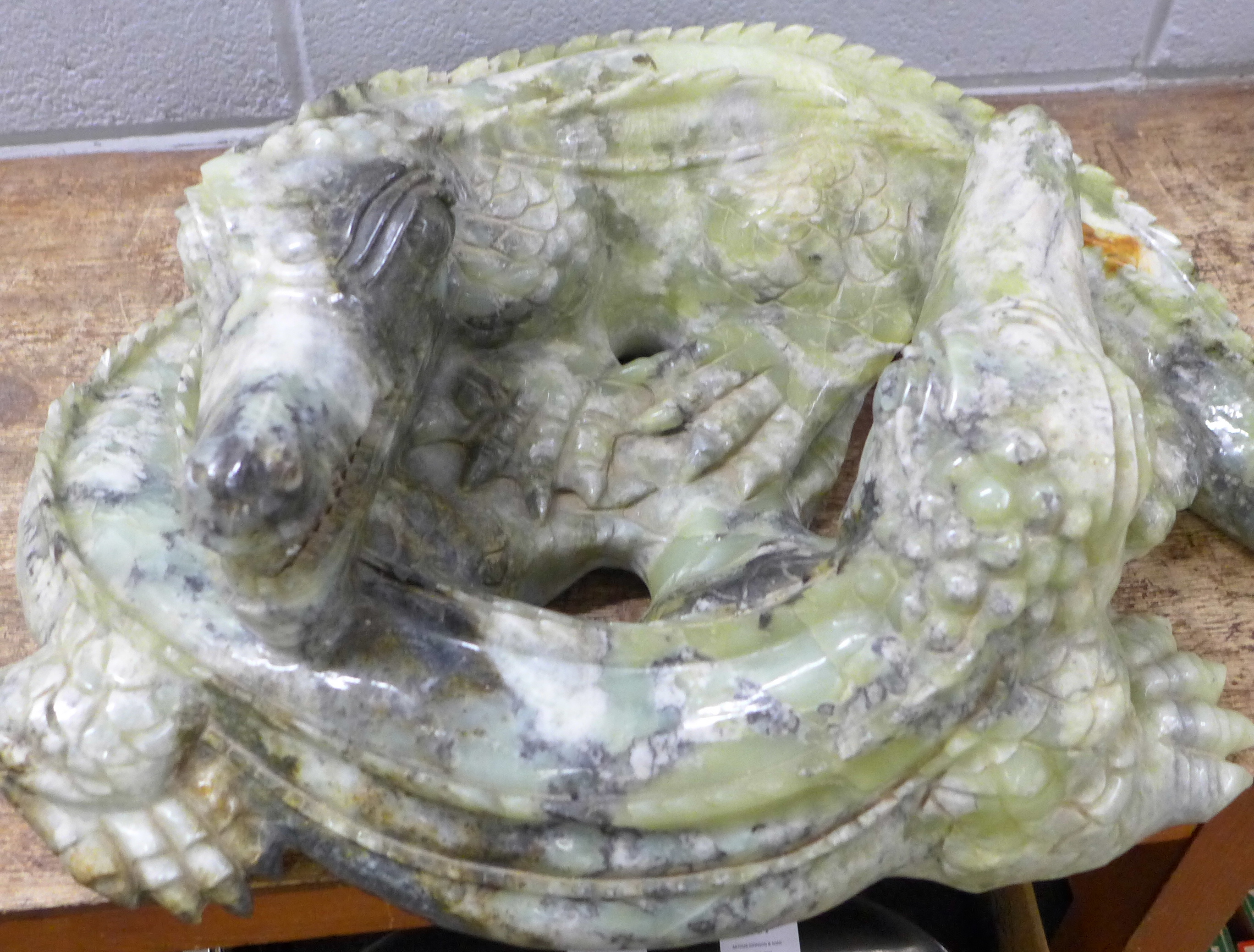 A large carved Chinese jade model of two entwined crocodiles, tail and back claw a/f, 66cm, 35kg ** - Image 8 of 9