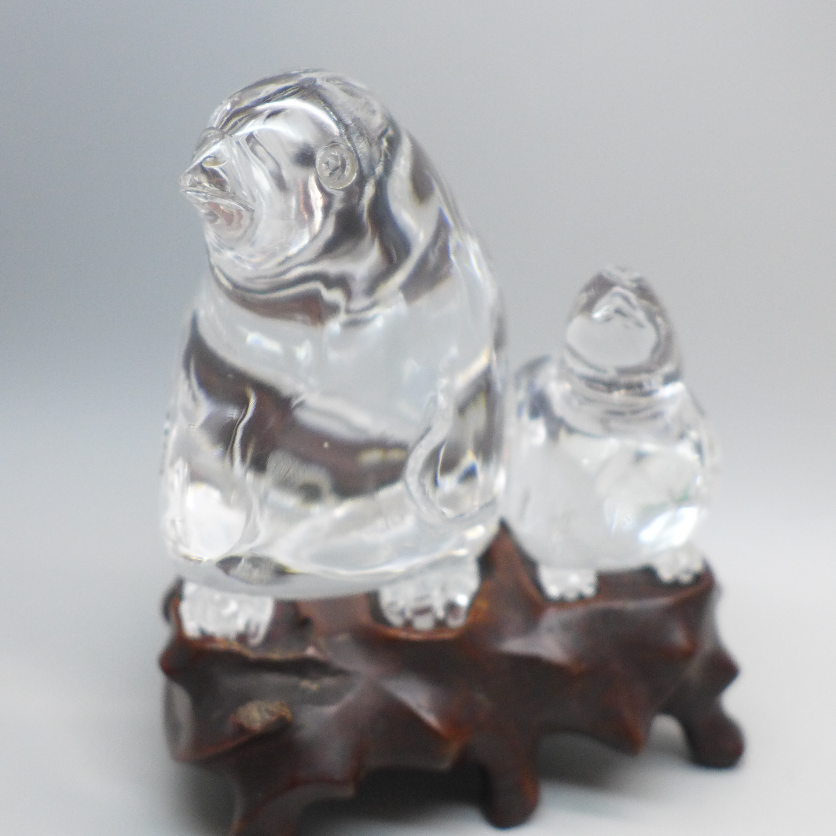 Two rock crystal mounted figures; Buddha and a pair of birds, tiny chip to beak and a small green - Image 4 of 4