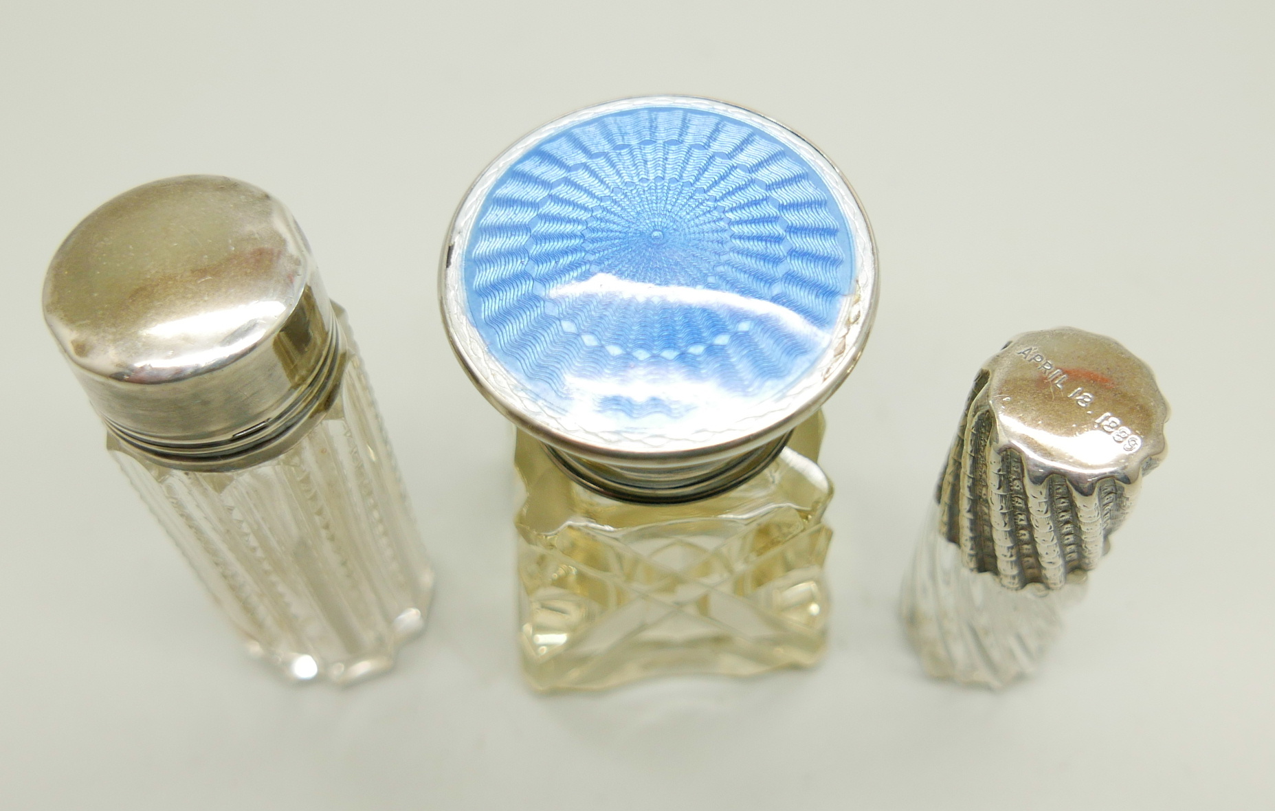 Three silver topped scent bottles; small scent London 1887, with inscription - Image 2 of 8