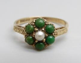 A 9ct gold, turquoise and pearl ring, 1.9g, P