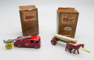 Two boxed Benbros Qualitoy T.V. Series models, No.2 log-cart and No.9 fire engine and ladder, each