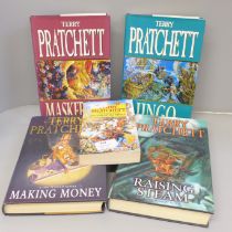 Four hardback first edition Discworld novels by Terry Pratchett with a signed paperback -