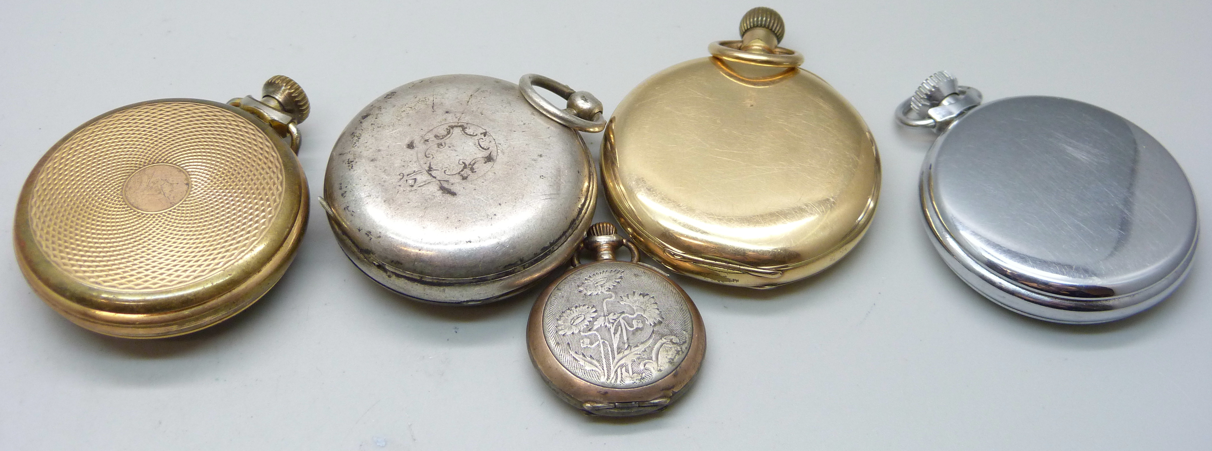 Five pocket watches including a plated Waltham Traveler, one silver cased and a fob watch, (5) - Image 4 of 4