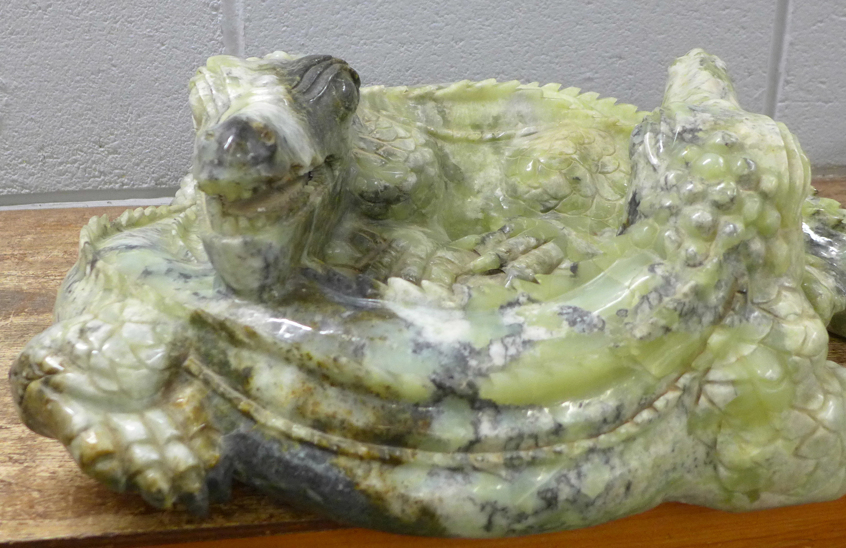 A large carved Chinese jade model of two entwined crocodiles, tail and back claw a/f, 66cm, 35kg ** - Image 5 of 9