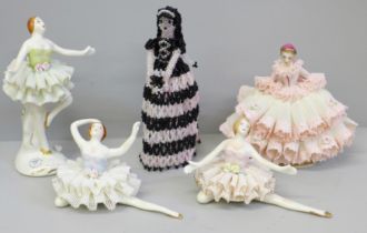 An Irish Dresden Pamela figure; three Capodimonte ballet dancer figures and a beaded lady in dress