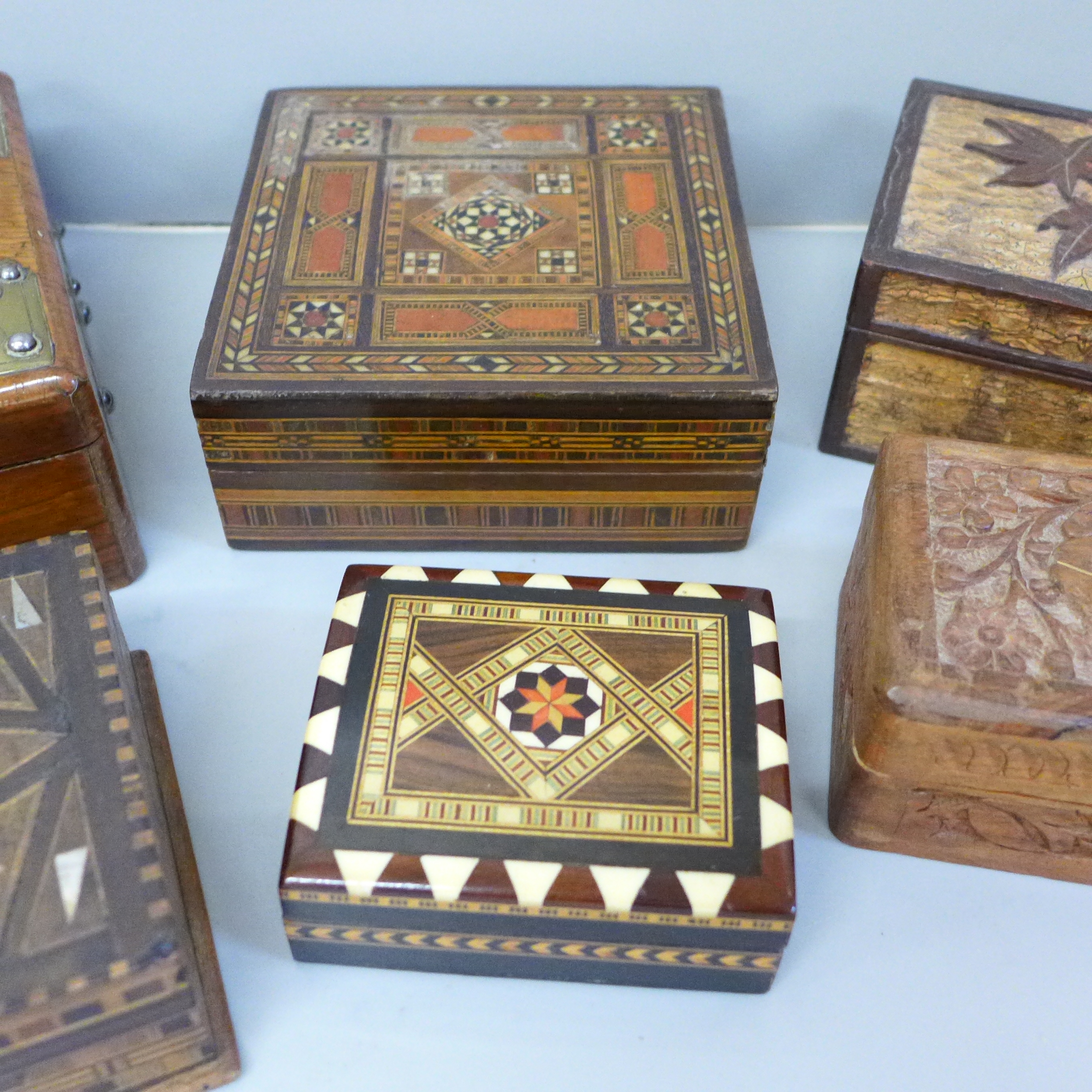 Six boxes; three inlaid wooden boxes, an oriental carved wooden box, a metal inlaid box and one - Image 3 of 5